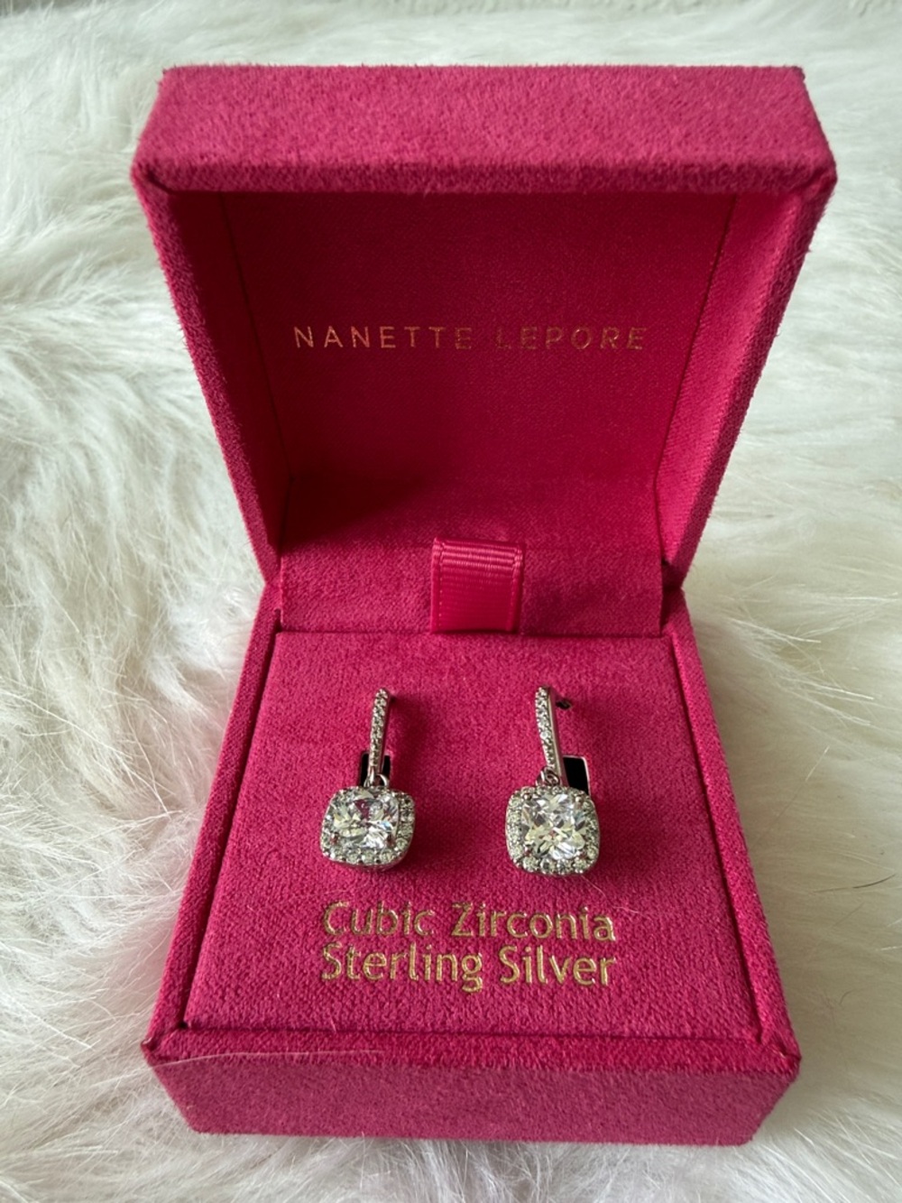 Nanette Lepore Sterling Silver Cubic Zirconia Drop Earrings with Pink Box